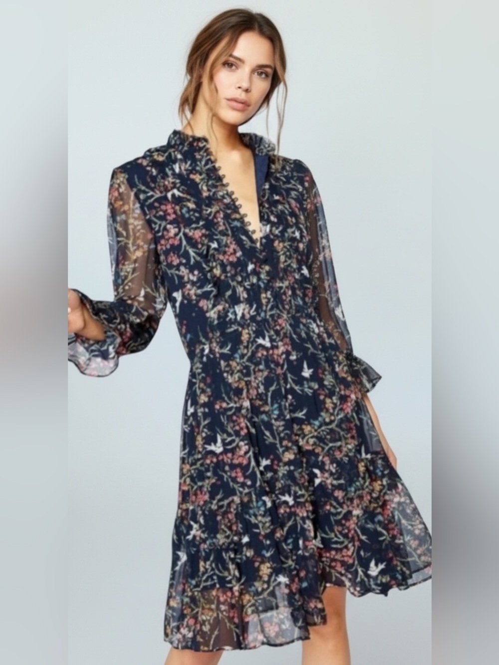 The Kooples Navy Blue Bird Print Silk Chiffon Dress Size Medium Ruffle Mini - Picture 1 of 16